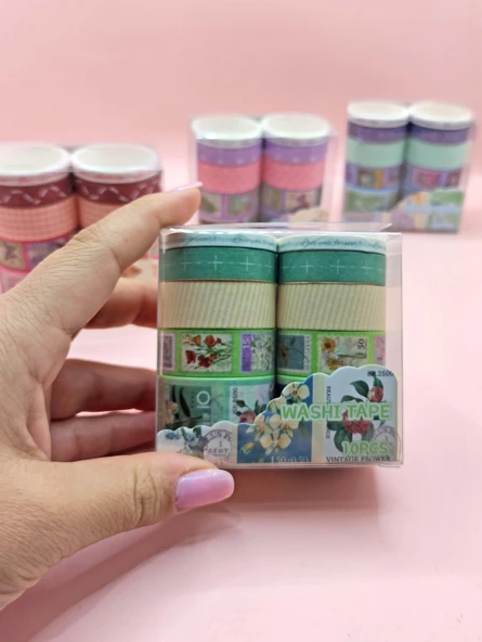 Vintage Washi Tape Bant Baskılı Yapışkanlı Maskeleme Kağıdı Desenli Bant 10'lu - Yeşil Pul Mektup ürün görseli 1