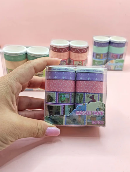 Vintage Washi Tape Bant Baskılı Yapışkanlı Maskeleme Kağıdı Desenli Bant 10'lu - Mor Pul Mektup ürün görseli 1