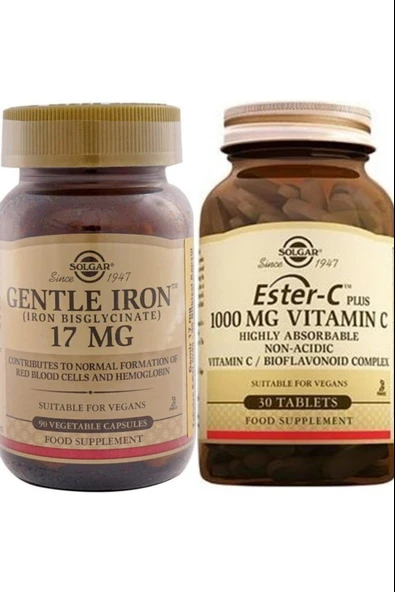 Solgar Gentle Iron 17mg 90 Kapsül +Solgar Ester-C Plus 1000mg 30 Tablet ürün görseli 1