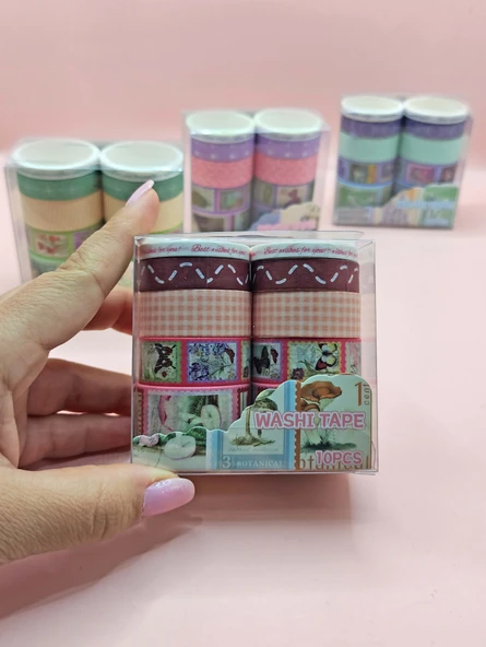 Vintage Washi Tape Bant Baskılı Yapışkanlı Maskeleme Kağıdı Desenli Bant 10'lu - Bordo Pul Mektup ürün görseli 1