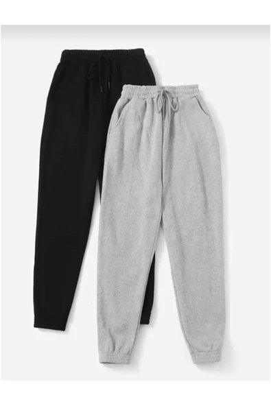 2'li Unisex Siyah-Gri Yüksek Belli Jogger Eşofman Altı ürün görseli 1