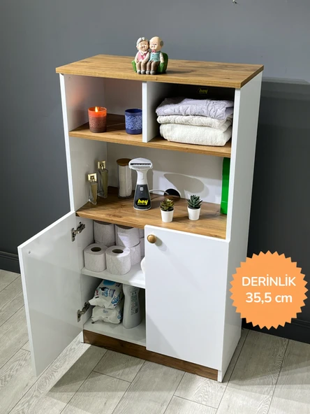 Deren Banyo Dolabı Çok Amaçlı Dolap Bölmeli Raf Beyaz - Ceviz 72 cm ürün görseli 1