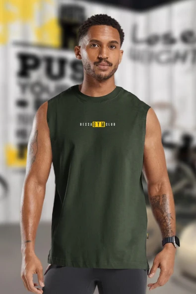 Bessa GYM Club Baskılı Haki Oversize Bisiklet Yaka Pamuklu Kolsuz T-Shirt/Atlet ürün görseli 1