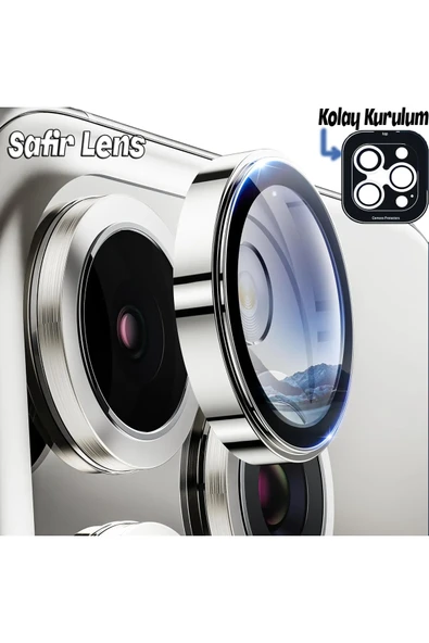 Ennar Apple iPhone 15 Pro Max Gerçek Cam Safir Lens Koruma Gümüş ürün görseli 1