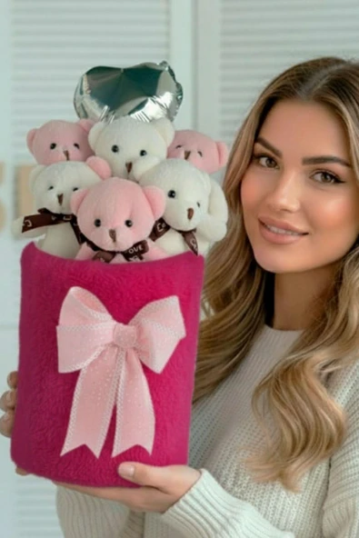 Deluxe Fuşya Peluş Silindir Kutuda, Kalpli Balonlu 6’lı Pembe Ayıcık Buketi - Sevdiğine Hediye ürün görseli 1