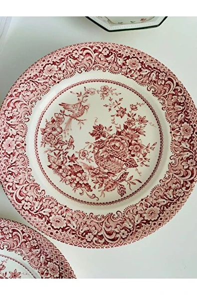 Londra'dan Ironstone Pembe Çiçek ve Anka Kuşu Desenli 6 Adet Vintage İngiliz Porselen Pasta Tabak Seti 20 cm ürün görseli 1