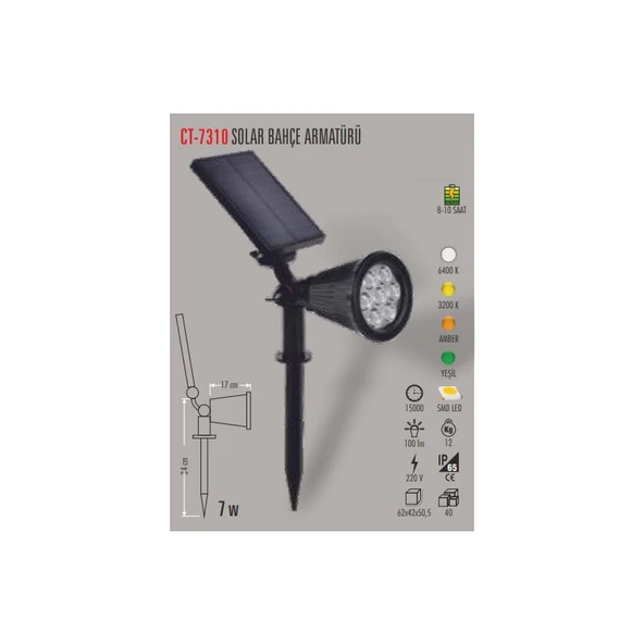 Cata Ct-7310 7W Solar Bahçe Armatürü Amber ürün görseli 1