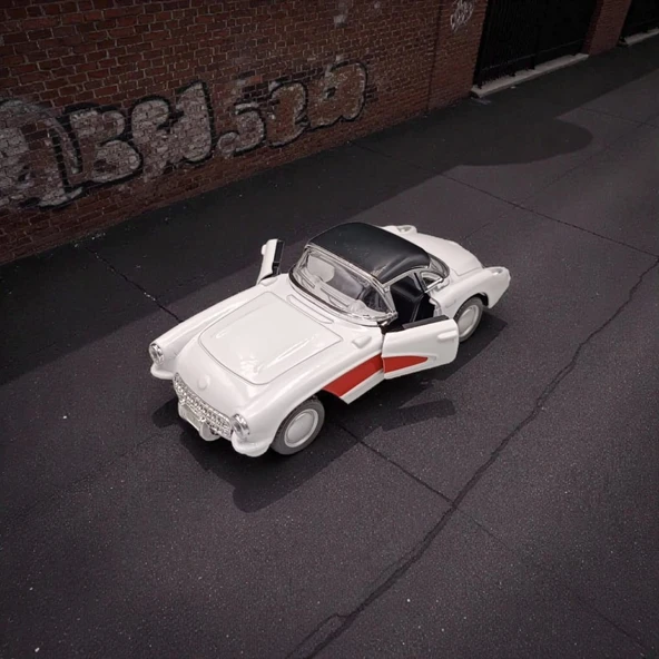 Nostaljik Metal Çek Bırak Beyaz 1957 Chevrolet Corvette Araba Kapılar Açılır ürün görseli 1