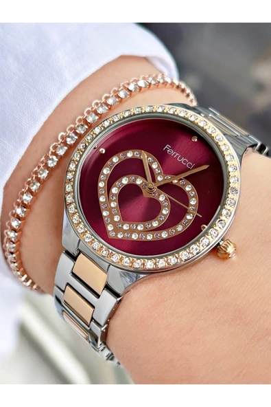 Ferrucci Rose Gold Gümüş Renk Rose Gold Kasa Kalpli Model Kadın Kol Saati + Bileklik Hediyeli ürün görseli 1