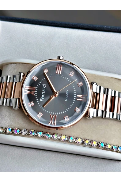 Ferrucci Rose Gold Gümüş Renk Roma Rakamlı Sade Model Çelik Kordon Kadın Kol Saati + BİLEKLİK ürün görseli 1