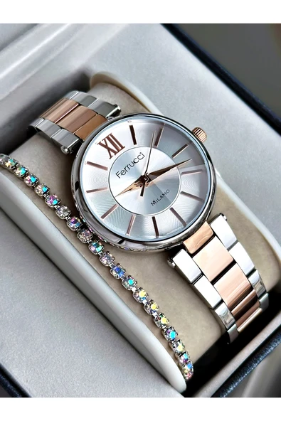 Ferrucci Rose Gold Gümüş Renk Aynalı Kristal Görünüm Cam Çelik Kordon Kadın Kol Saati + BİLEKLİK ürün görseli 1