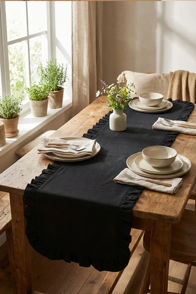 YUNUSOĞLU HOME Fırfırlı Masa Runner 150X50 cm, Şık Dekoratif Masa Örtüsü ürün görseli 1