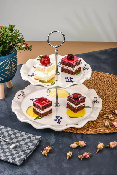 Akkoyunlu home Seramik 2 Katlı Sunumluk Kurabiye,Lokum,Çerez ve Pasta,Kek Sunumluğu ürün görseli 1