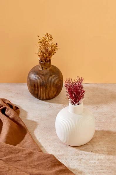 Akkoyunlu home Akkoyunlu Home2'li Çizgili Top Dekoratif Pinterest Vazo Seramik Dekorasyon Çiçeklik Vazo Beyaz-Kahve ürün görseli 1