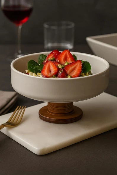Akkoyunlu home Akkoyunllu Home Yuvarlak Kase Ahşap Ayaklı Akasya Salata Kasesi,Seramik Sunum Servis Kasesi 19 cm ürün görseli 1