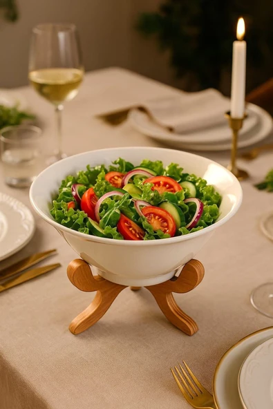 Akkoyunlu home Ahşap Altlıklı Ayaklı Oval Servis Tabağı,Salata Kasesi Sunumluk Tabak Fırın Kabı ürün görseli 1
