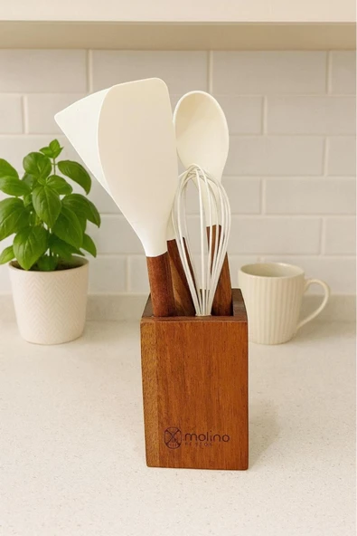 Akkoyunlu home Akasya Bambu Kaşıklık Stantlı 5'li Silikon Spatula,Çırpıcı,Kaşık ve Fırça Seti Beyaz ürün görseli 1