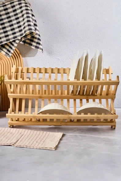 Akkoyunlu home Bambu Bulaşıklık Tabaklık 2 Katlı Katlanabilir Tabaklık Orta Boy(40 cm x 33 cm) ürün görseli 1
