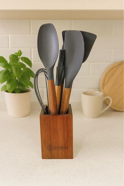 Akkoyunlu home Akasya Bambu Stantlı 5'li Silikon Spatula,Çırpıcı,Kaşık ve Fırça Seti Gri ürün görseli 1