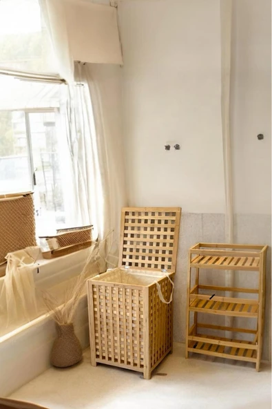 Sezka Life Bambu Çamaşır Sepeti Ekose Bambu Sepet Natural 62x45x45 Cm ürün görseli 1