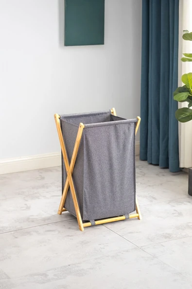 Sezka Life Bambu Katlanır Kirli Çamaşır Sepeti Gri 34x42x58 cm ürün görseli 1