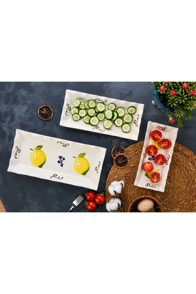 Sezka Life 3 Parça Seramik Servis Tabağı Dikdörtgen Kahvaltı,Çerez,Salata Sunum Tabağı Limon Desen ürün görseli 1