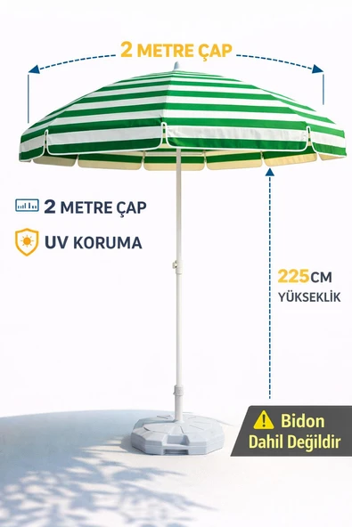 2 Metre Plaj Şemsiyesi Bidonsuz Yeşil Beyaz Bahçe Balkon Teras Kamp Güneş Şemsiyesi ürün görseli 1