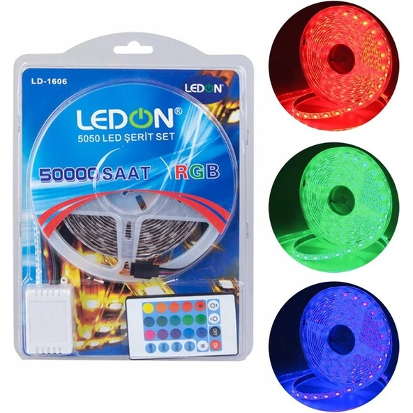 Ledon LD-1606 Su Geçirmez 5 Metre Rgb Şerit LED Animasyon Devreli Adaptörlü Set 5050 3 Çipli Silikonlu ürün görseli 1