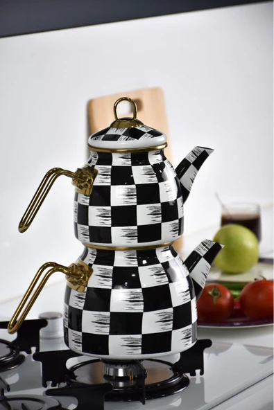 Akkoyunlu home Blackwhite Dama Desen Emaye Çaydanlık Takımı ürün görseli 1