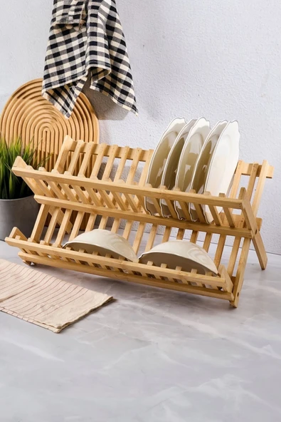 Sezka Life Bambu Bulaşıklık Tabaklık 2 Katlı Katlanabilir Tabaklık Orrta Boy(40 cm x 33 cm x 3.3cm) ürün görseli 1