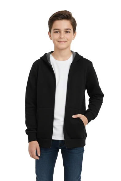 Siyah Fermuarlı Kapüşonlu Cepli Kız Erkek Sweatshirt BGL-ST05001 ürün görseli 1