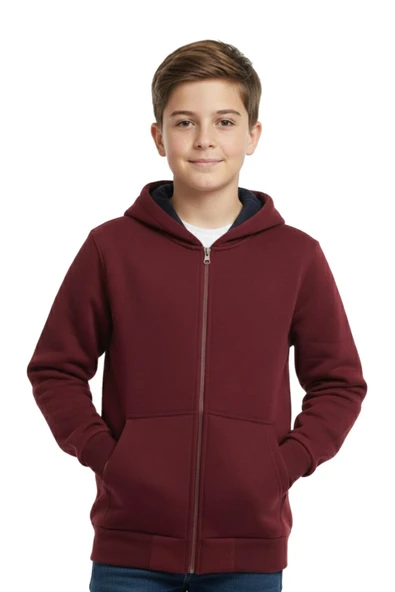 Bordo Fermuarlı Kapüşonlu Cepli Kız Erkek Sweatshirt BGL-ST04999 ürün görseli 1