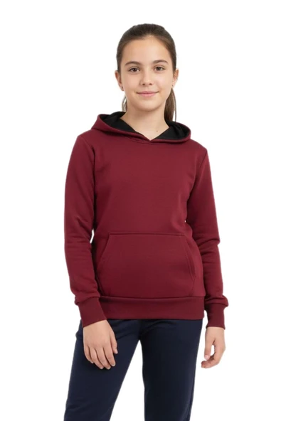 Çocuk Bordo Kapüşonlu Cepli 3 İplik Kız Erkek Sweatshirt BGL-ST05004 ürün görseli 1
