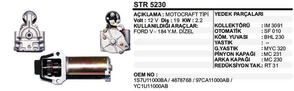 MARŞ MOTORU 19 DİŞ 12V FORD TRANSIT V184 YM. MOTOGRAFT TİPİ ürün görseli 1