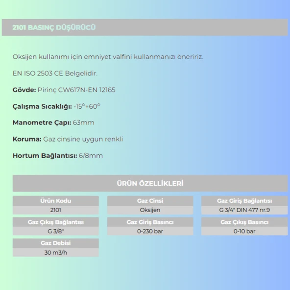 OKSİJEN REGÜLATÖRÜ- 2101 BASINÇ DÜŞÜRÜCÜ - Resim 2
