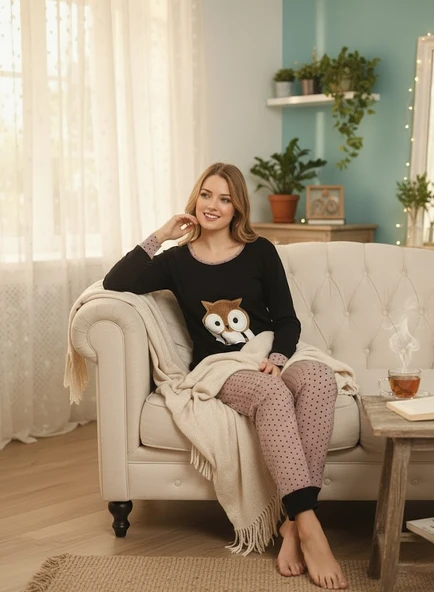 Baykuş Desenli Kışlık Kadın Pijama Takımı ürün görseli 1