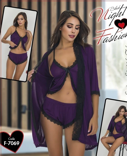 Blach Night Fashion Şortlu Mor Gecelik Takım 3lü Set ürün görseli 1