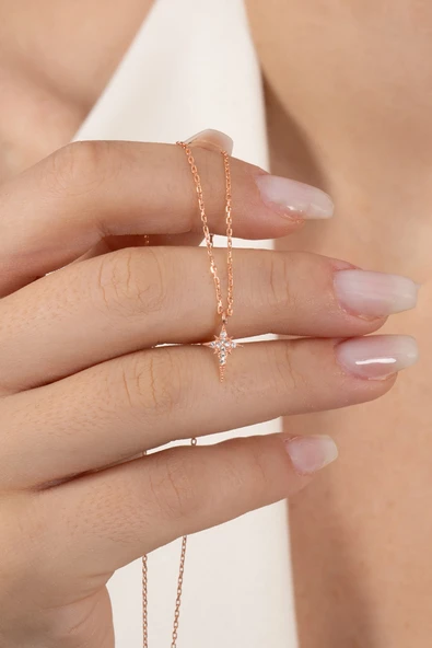 925 ayar gümüş kolye rose zirkon taşlı minimal kutup yıldızı kolye SGTL13149ROSE ürün görseli 1