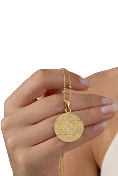 925 ayar gümüş kolye altın yaldızlı top top zincirli Hz. Süleyman mührü kolye SGTL13136GOLD ürün görseli 1