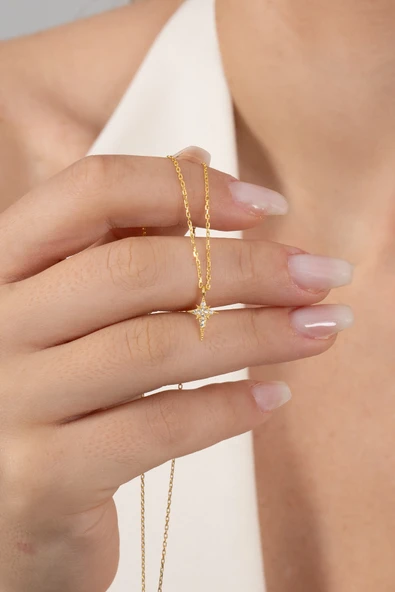 925 ayar gümüş kolye altın yaldızlı zirkon taşlı minimal kutup yıldızı kolye SGTL13149GOLD ürün görseli 1