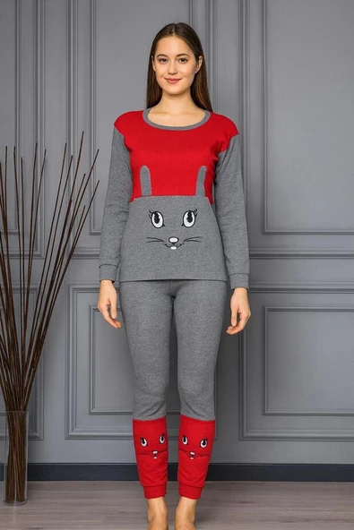 Tavşan Desenli Kışlık Kadın Pijama Takımı ürün görseli 1