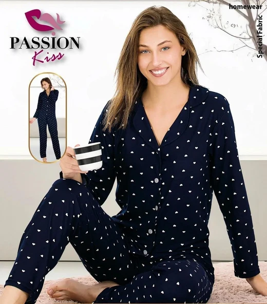 Kalp Desenli Uzun Kollu Kadın Pijama Takımı ürün görseli 1