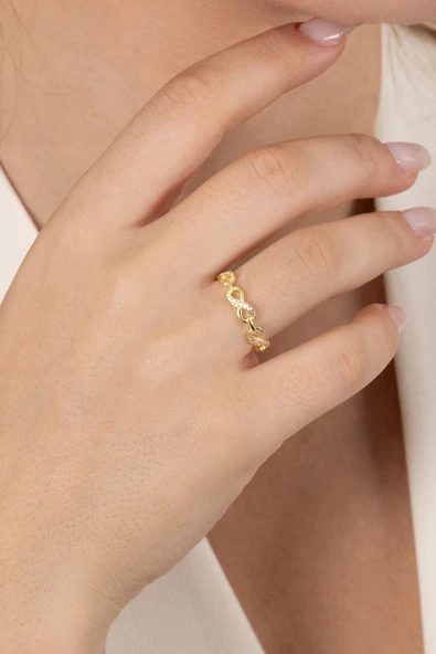 925 ayar gümüş yüzük altın yaldızlı zirkon taşlı sonsuzluk modeli ayarlamalı yüzük SGTL13131GOLD ürün görseli 1