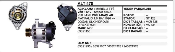ALTERNATÖR 12V 85A FIAT PALIO/SIENA /DOĞAN SLX HİDROLİK DİREKSİYON MARELLİ/MAKO TİPİ ürün görseli 1