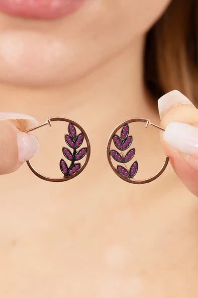 925 ayar gümüş küpe rose fuşya taşlı yaprak modeli halka küpe. SGTL13166FUSYA ürün görseli 1