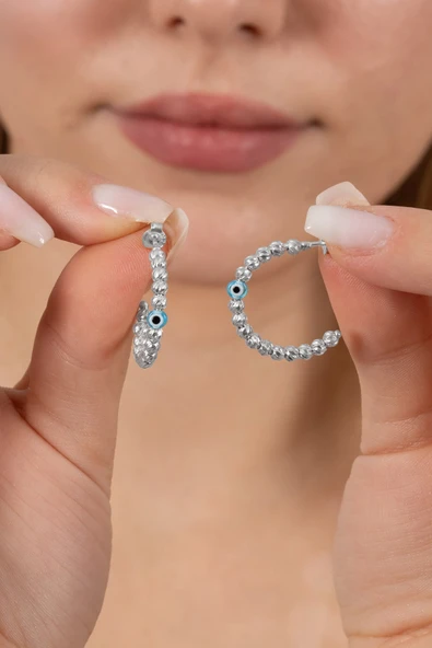 925 ayar gümüş küpe rodyumlu 22 mm nazarlı dorica halka küpe SGTL13161RODAJ ürün görseli 1