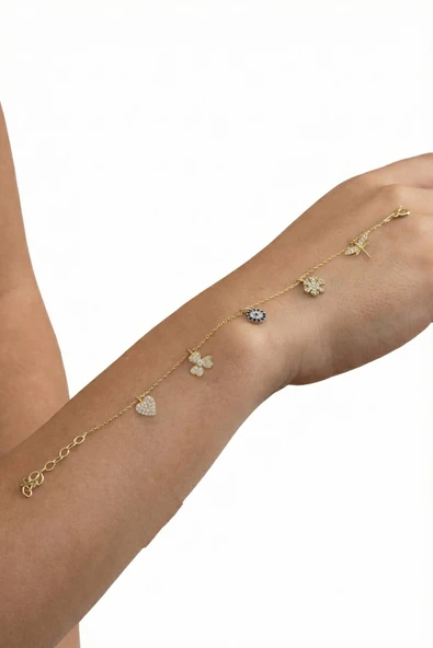 925 ayar gümüş bileklik altın yaldızlı zirkon taşlı nazar boncuklu şans bilekliği SGTL13172GOLD ürün görseli 1