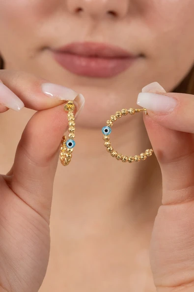 925 ayar gümüş küpe altın yaldızlı 22 mm nazarlı dorica halka küpe SGTL13161GOLD ürün görseli 1