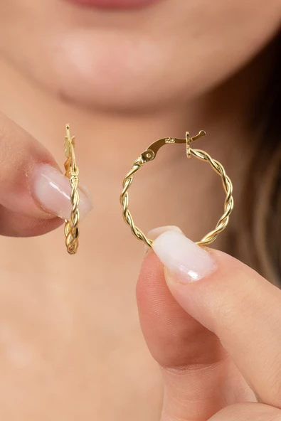 925 ayar gümüş küpe altın yaldızlı çift burma şarnel halka küpe SGTL13158GOLD ürün görseli 1