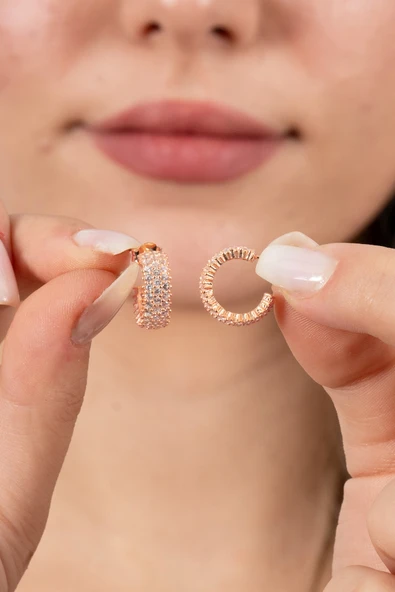 925 ayar gümüş küpe rose zirkon taşlı 3 sıra tamtur halka küpe SGTL13163ROSE ürün görseli 1